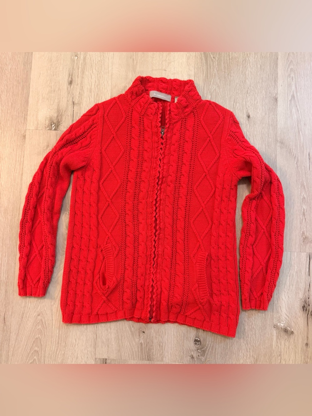 Liz Claiborne Red Cable Knit Full-Zip Mock Neck Cardigan Sweater 17x24